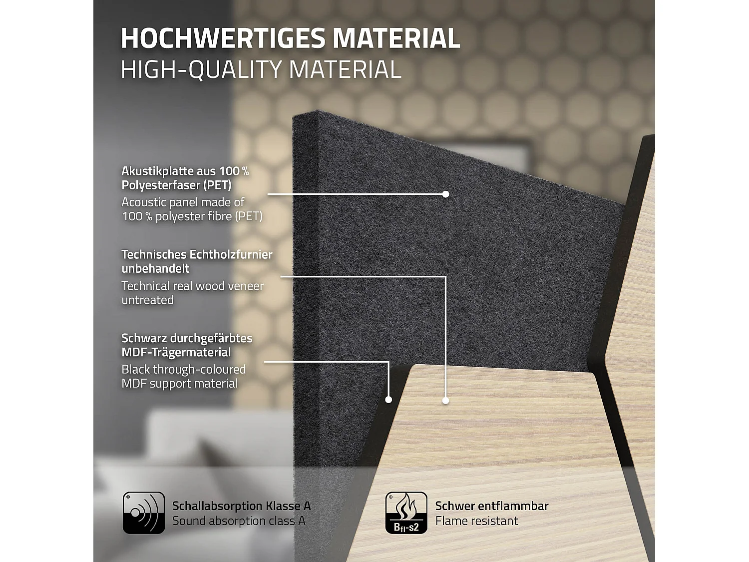 Lot de 2 panneaux acoustiques 66x81x2cm 1m² motif bois chêne hexagonal MDF isolation sonore dalle phonique insonorisante cloisons murales anti-bruit