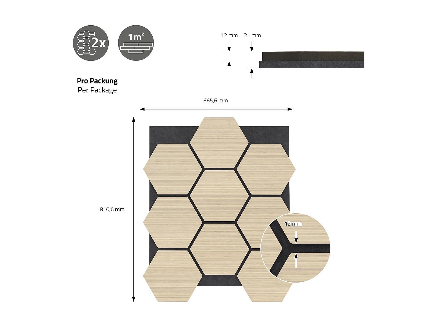 Lot de 2 panneaux acoustiques 66x81x2cm 1m² motif bois chêne hexagonal MDF isolation sonore dalle phonique insonorisante cloisons murales anti-bruit