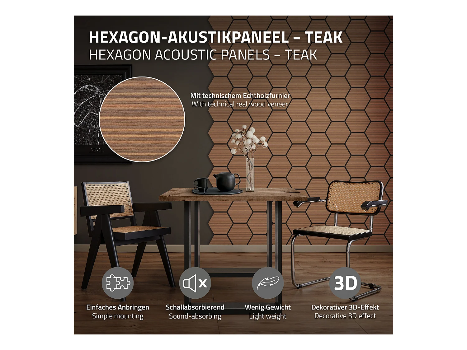 Lot de 2 panneaux acoustiques 66x81x2cm 1m² motif bois teck hexagonal MDF isolation sonore dalle phonique insonorisante cloisons murales anti-bruit