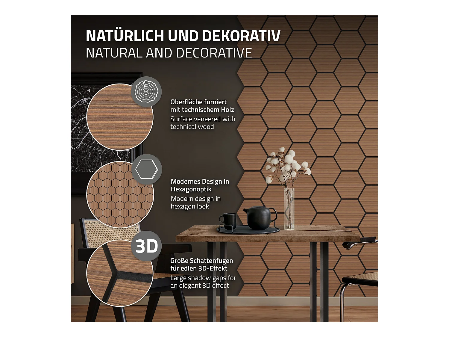 Lot de 2 panneaux acoustiques 66x81x2cm 1m² motif bois teck hexagonal MDF isolation sonore dalle phonique insonorisante cloisons murales anti-bruit