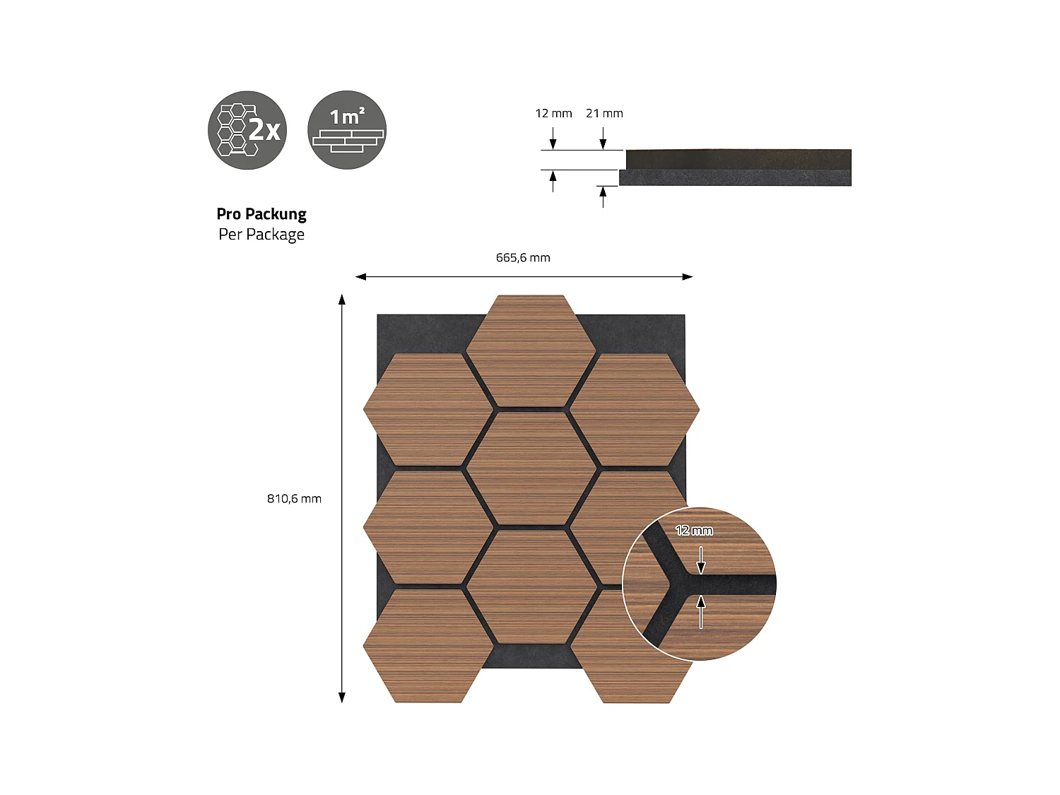Lot de 2 panneaux acoustiques 66x81x2cm 1m² motif bois teck hexagonal MDF isolation sonore dalle phonique insonorisante cloisons murales anti-bruit