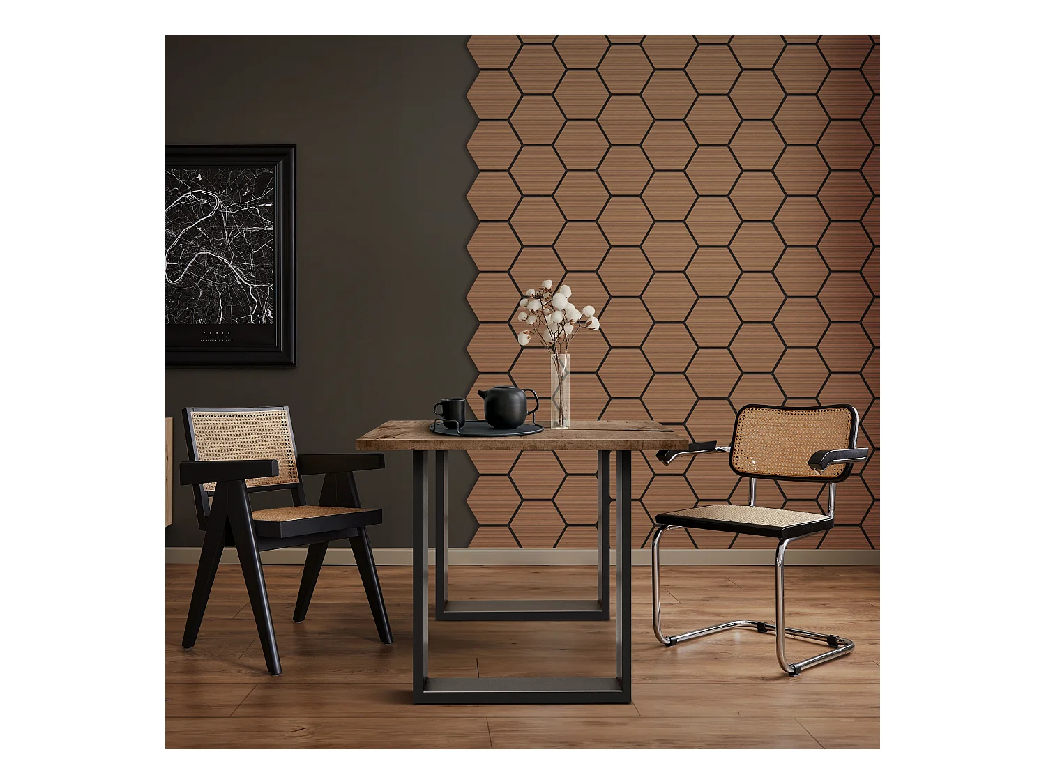 Lot de 2 panneaux acoustiques 66x81x2cm 1m² motif bois teck hexagonal MDF isolation sonore dalle phonique insonorisante cloisons murales anti-bruit