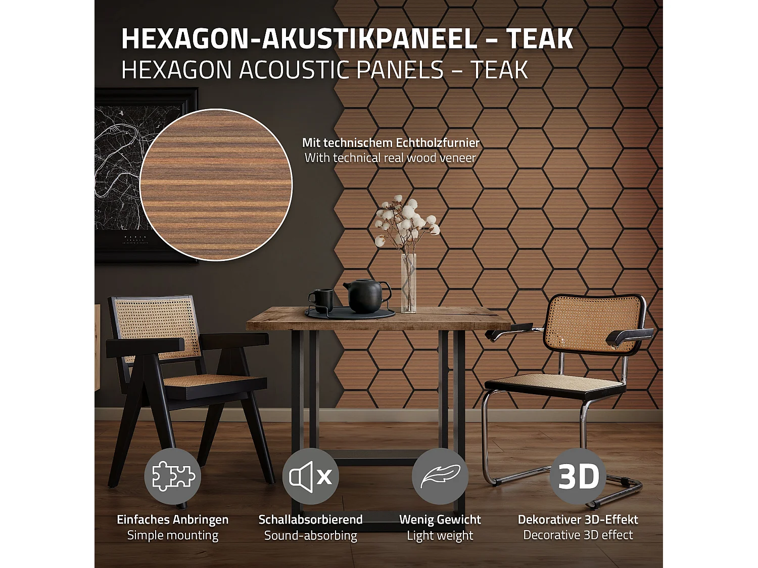 Lot de 2 panneaux acoustiques 66x81x2cm 1m² motif bois teck hexagonal MDF isolation sonore dalle phonique insonorisante cloisons murales anti-bruit