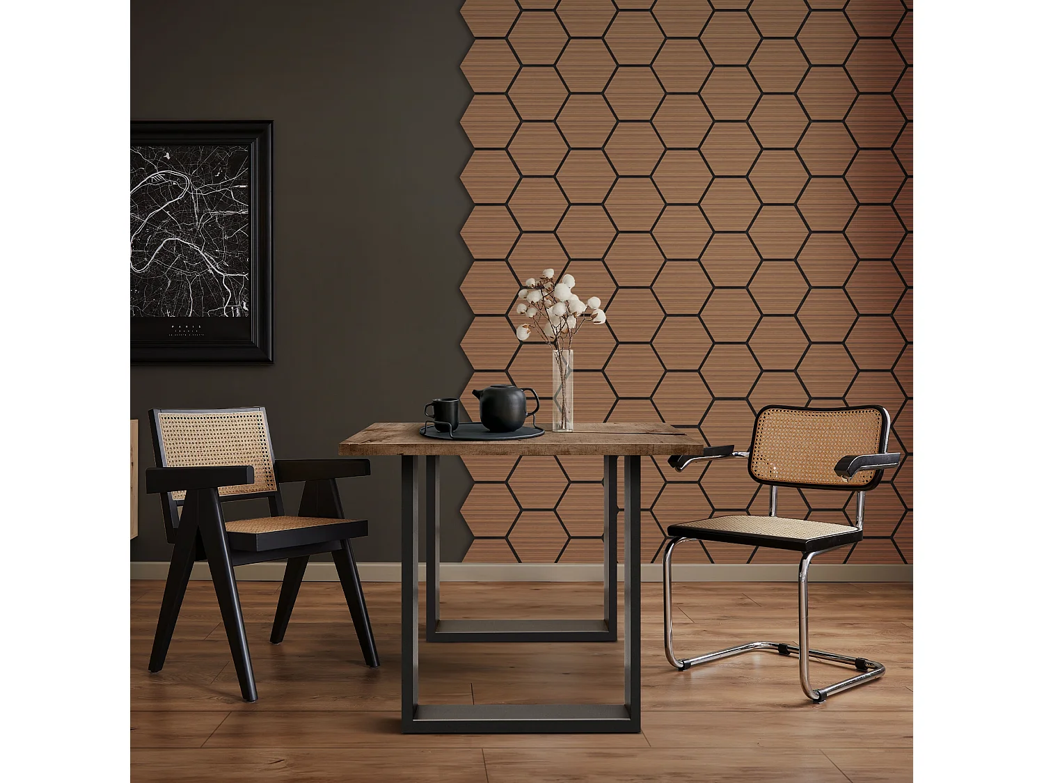 Lot de 2 panneaux acoustiques 66x81x2cm 1m² motif bois teck hexagonal MDF isolation sonore dalle phonique insonorisante cloisons murales anti-bruit