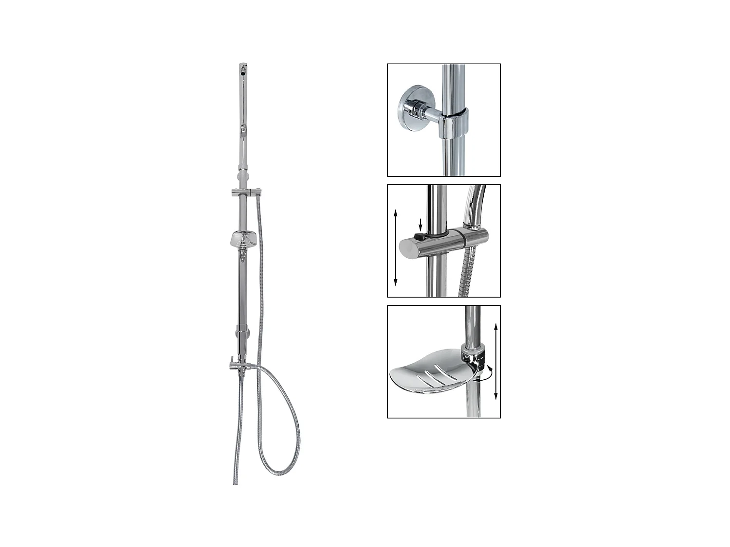 Colonne de douche chromé forme ovale en acier inoxydable V2A montage mural réglable en hauteur sans pommeau 2x flexibles et support porte-savon inclus