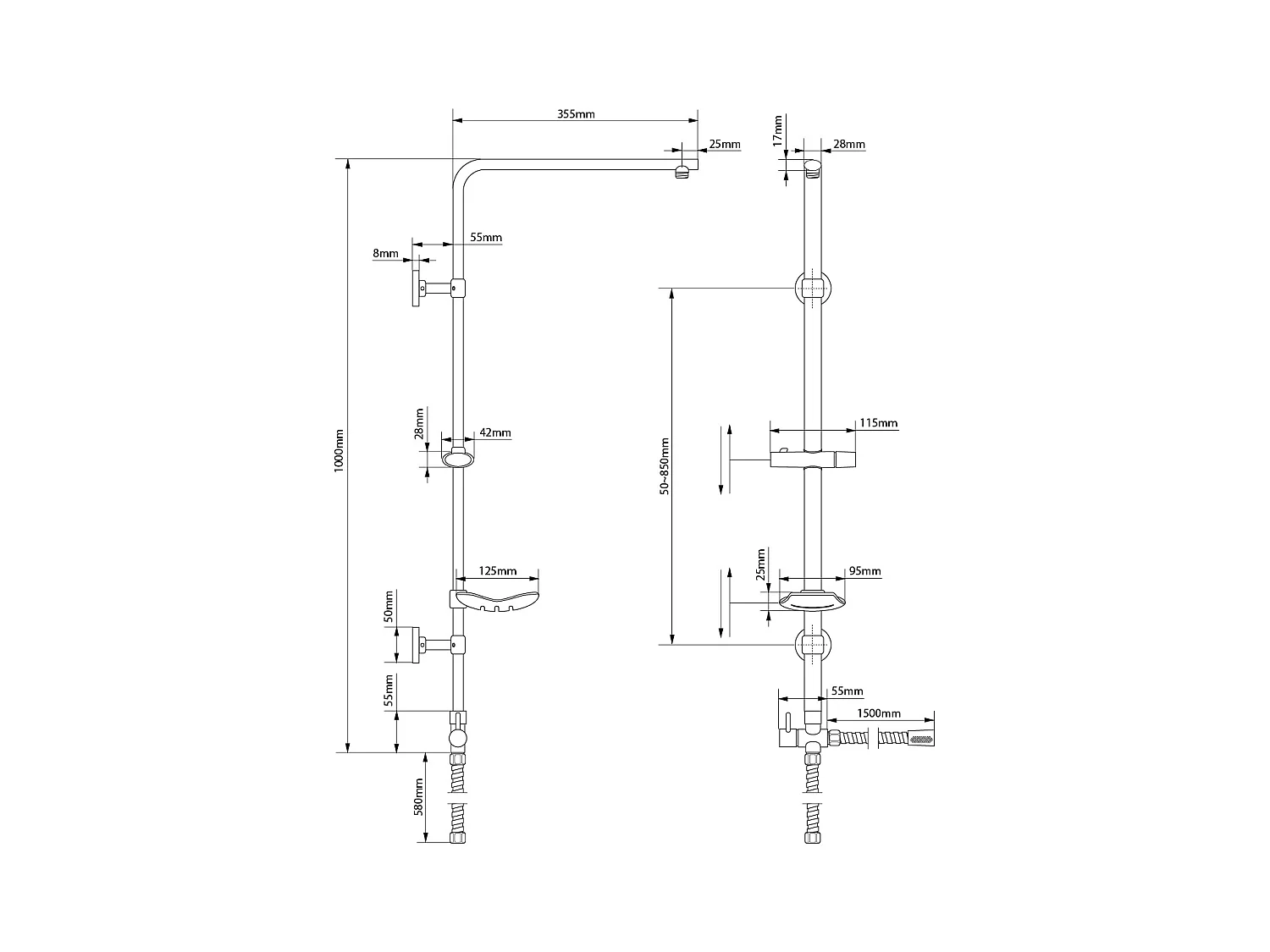 Colonne de douche chromé forme ovale en acier inoxydable V2A montage mural réglable en hauteur sans pommeau 2x flexibles et support porte-savon inclus