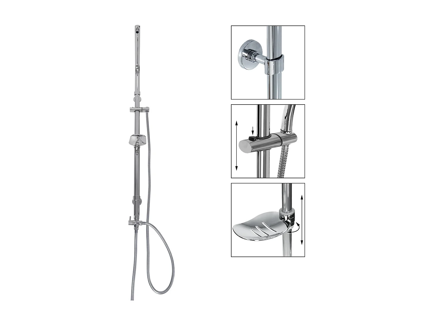 ECD Germany Colonna doccia in acciaio inox V2A cromato, ovalata, con mensola portasapone, 2 flessibili, asta doccia regolabile, senza soffione