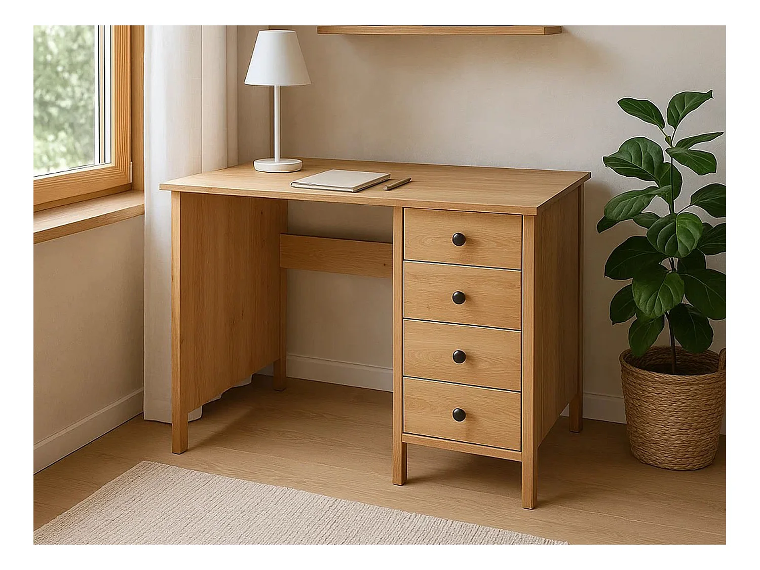 Biurko Prestige II drewniane 110 cm, 4 szuflady, kolor dębowy