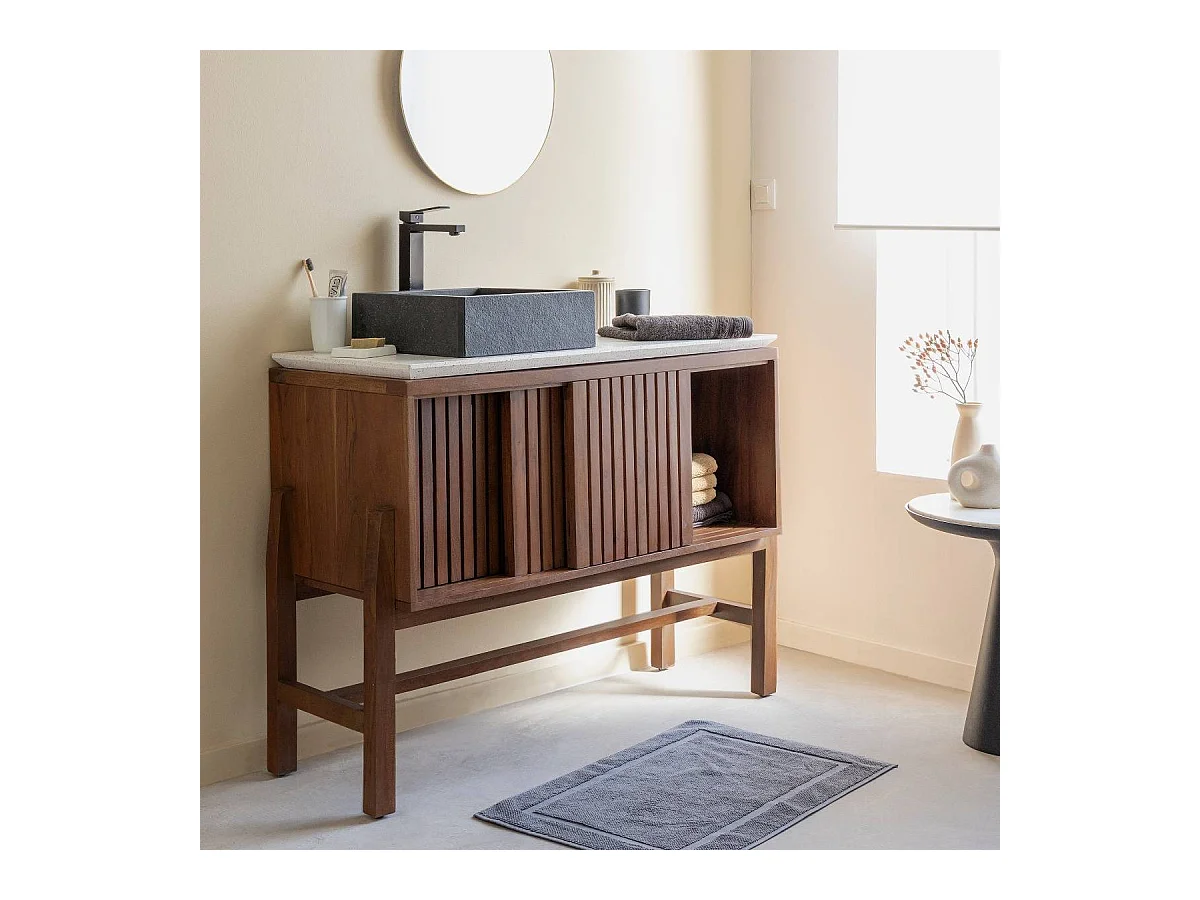 Meuble sous vasque en bois d'acacia et terrazzo Kaelis