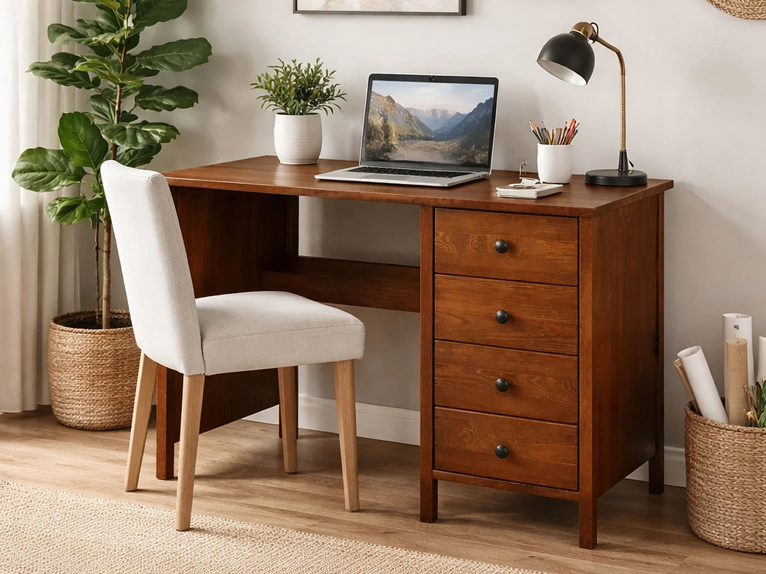 Biurko Prestige II drewniane 110 cm, 4 szuflady, kolor kasztan