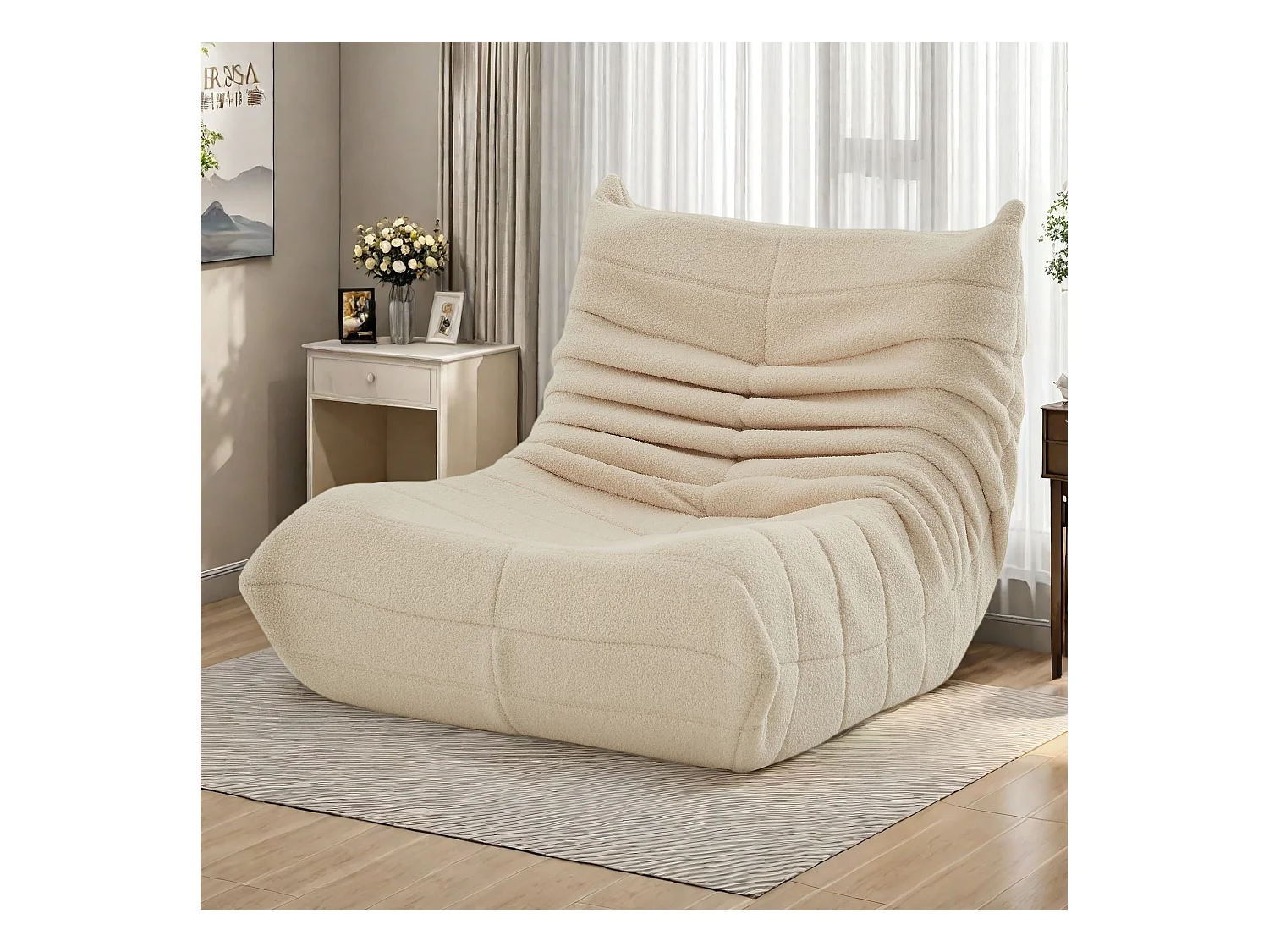 Fauteuil paresseux en peluche beige, tissu d'agneau doux, léger et portable, rembourrage haute densité, idéal salon, chambre ou bureau