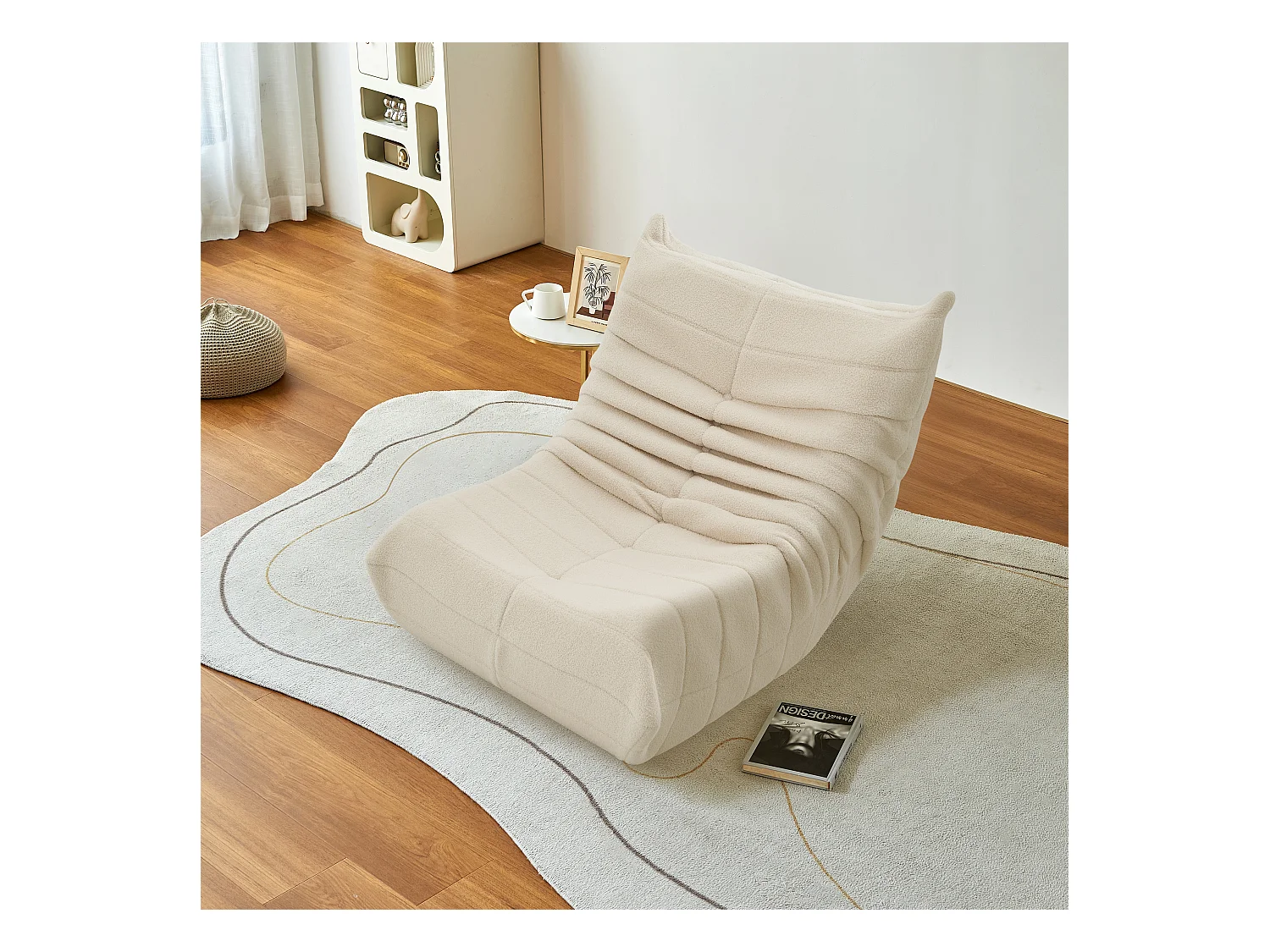 Sillón de felpa beige, suave piel de cordero, ligero y portátil, acolchado de alta densidad, ideal para sala de estar, dormitorio u oficina.