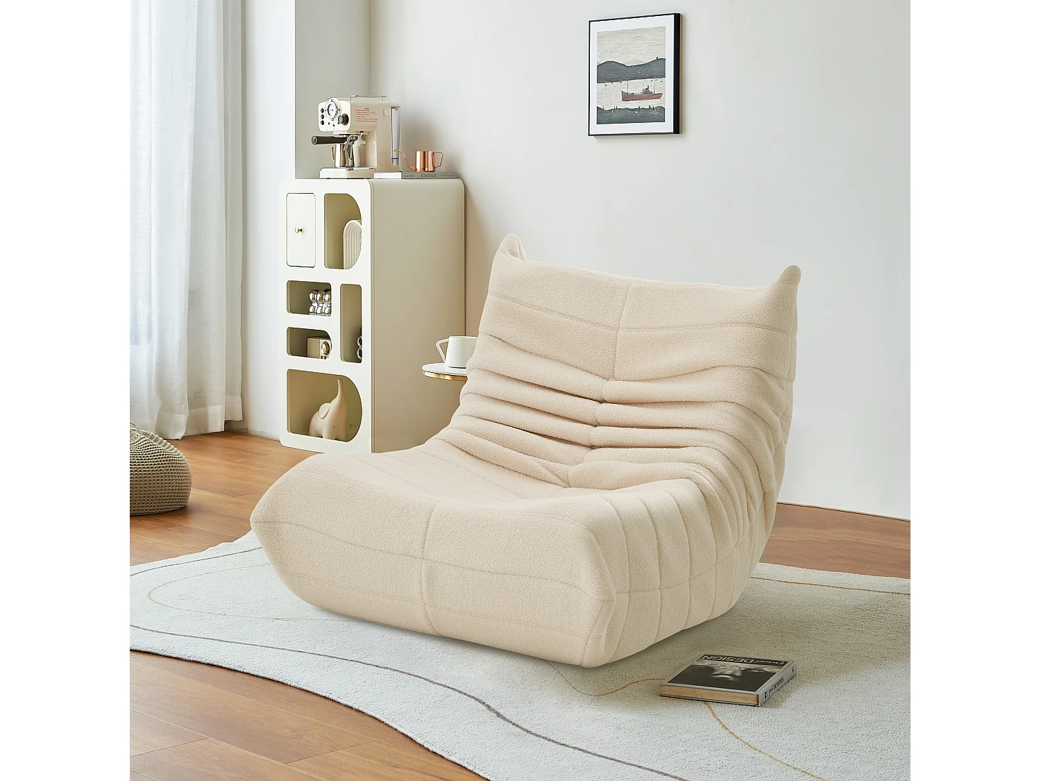 Sillón de felpa beige, suave piel de cordero, ligero y portátil, acolchado de alta densidad, ideal para sala de estar, dormitorio u oficina.