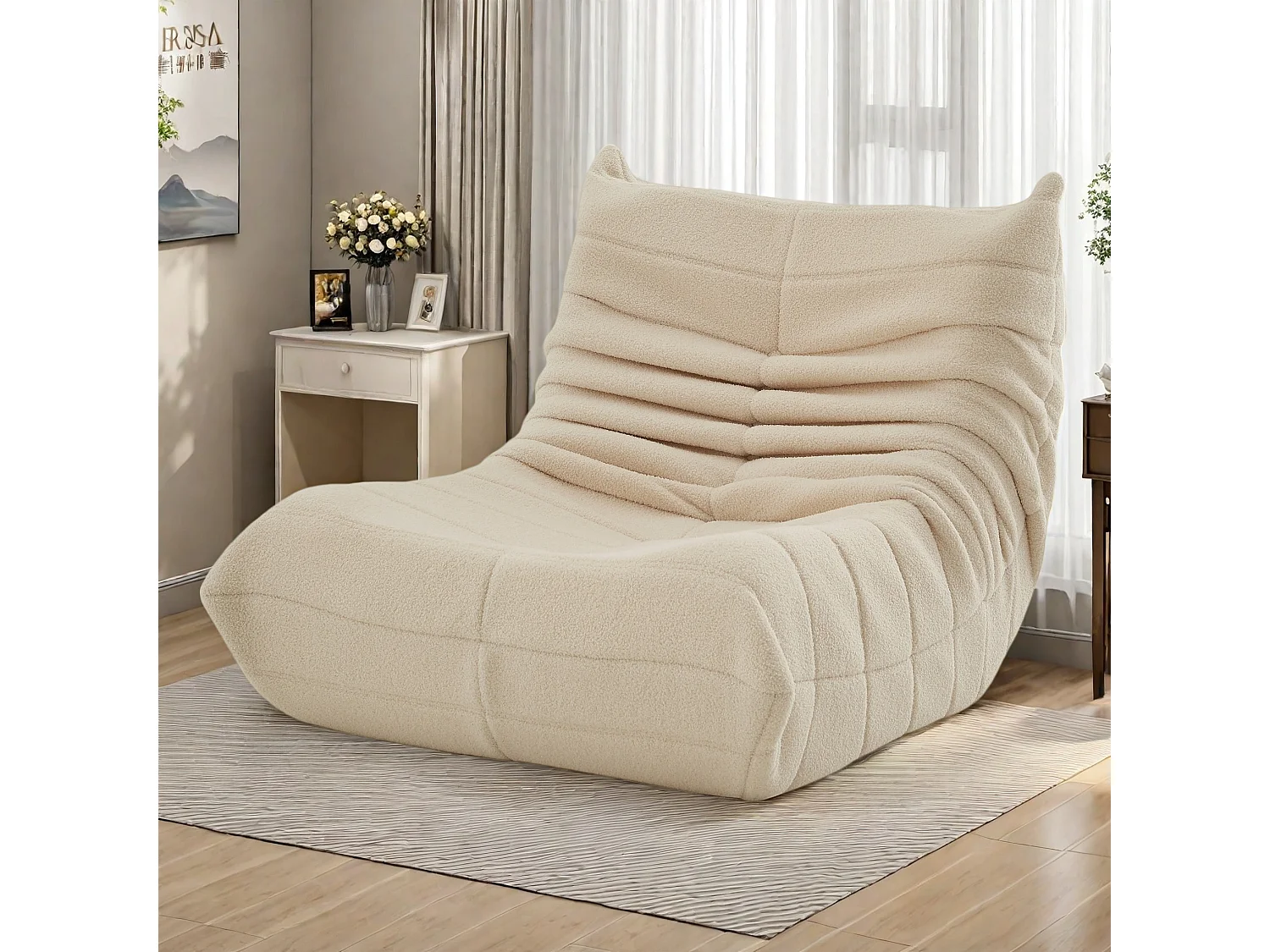 Sillón de felpa beige, suave piel de cordero, ligero y portátil, acolchado de alta densidad, ideal para sala de estar, dormitorio u oficina.