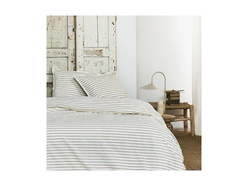 Parure de Lit Double Coton "Indies" Rayures Marron/Blanc 220x240cm + 2 Taies 63x63cm