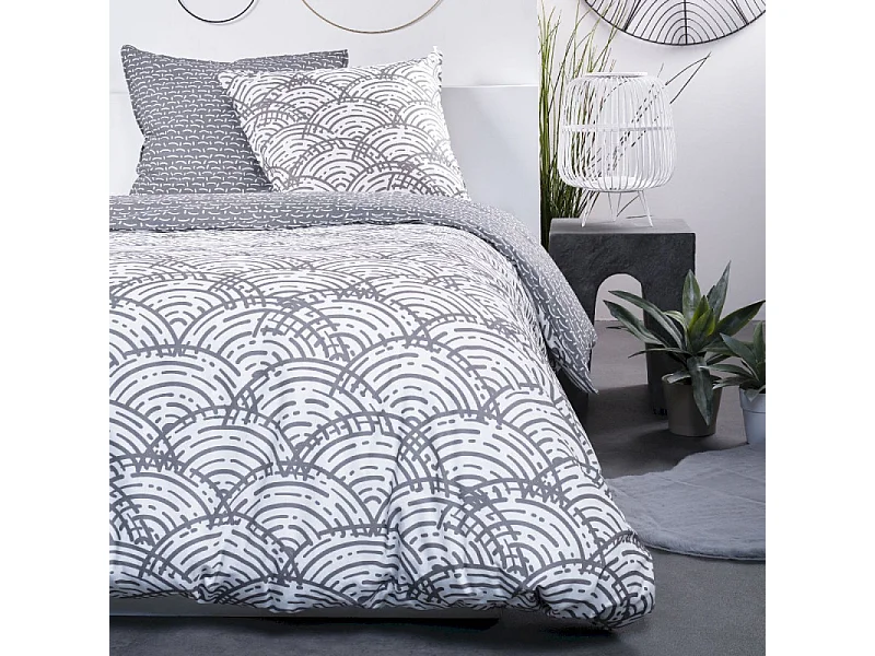 Parure de lit double "Sunshine" Gris et Blanc 220x240cm - 100% Coton Imprimé