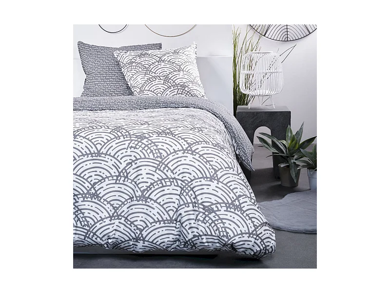 Parure de lit double "Sunshine" Gris et Blanc 220x240cm - 100% Coton Imprimé
