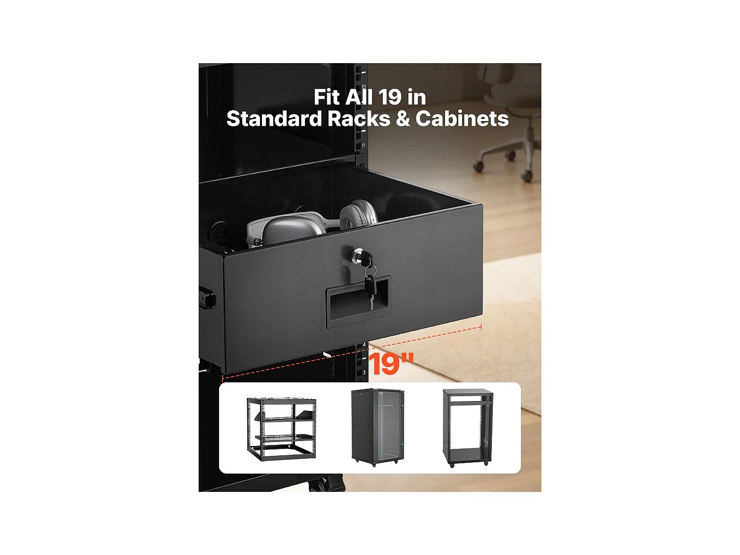 Tiroir Rack 4U SucceBuy, Tiroir Rackable Verrouillable, Charge 22,68 kg, Profondeur 35cm, avec Trous de Gestion Câble, Largeur de Montage 48.2 cm