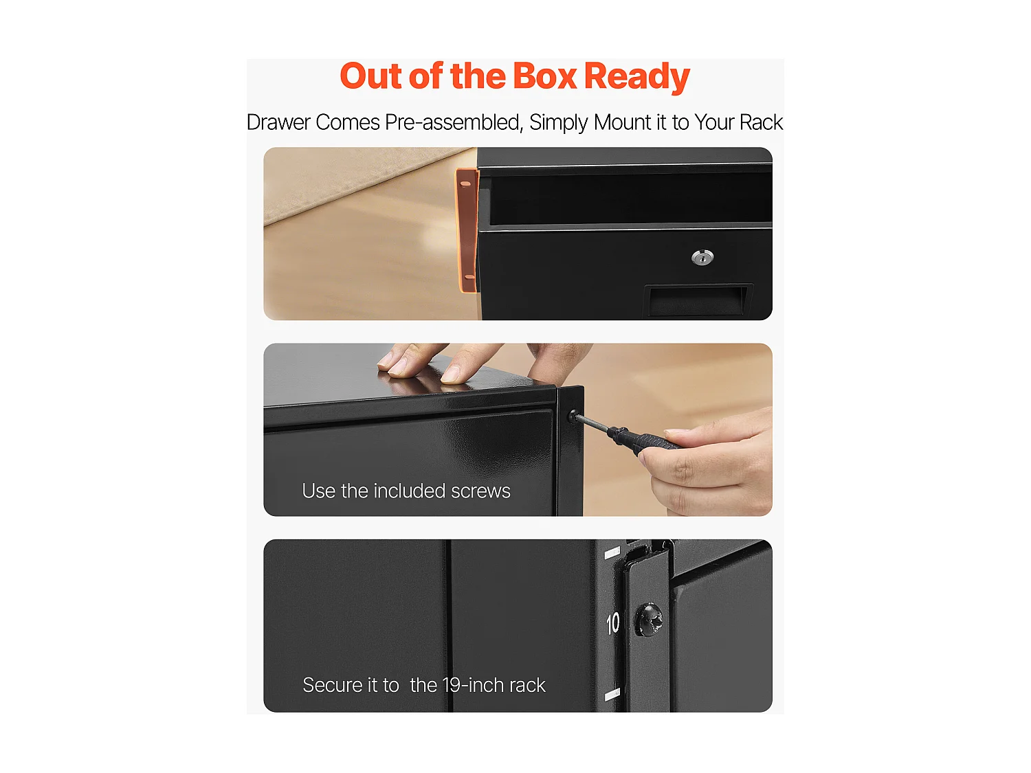 Tiroir Rack 4U SucceBuy, Tiroir Rackable Verrouillable, Charge 22,68 kg, Profondeur 35cm, avec Trous de Gestion Câble, Largeur de Montage 48.2 cm