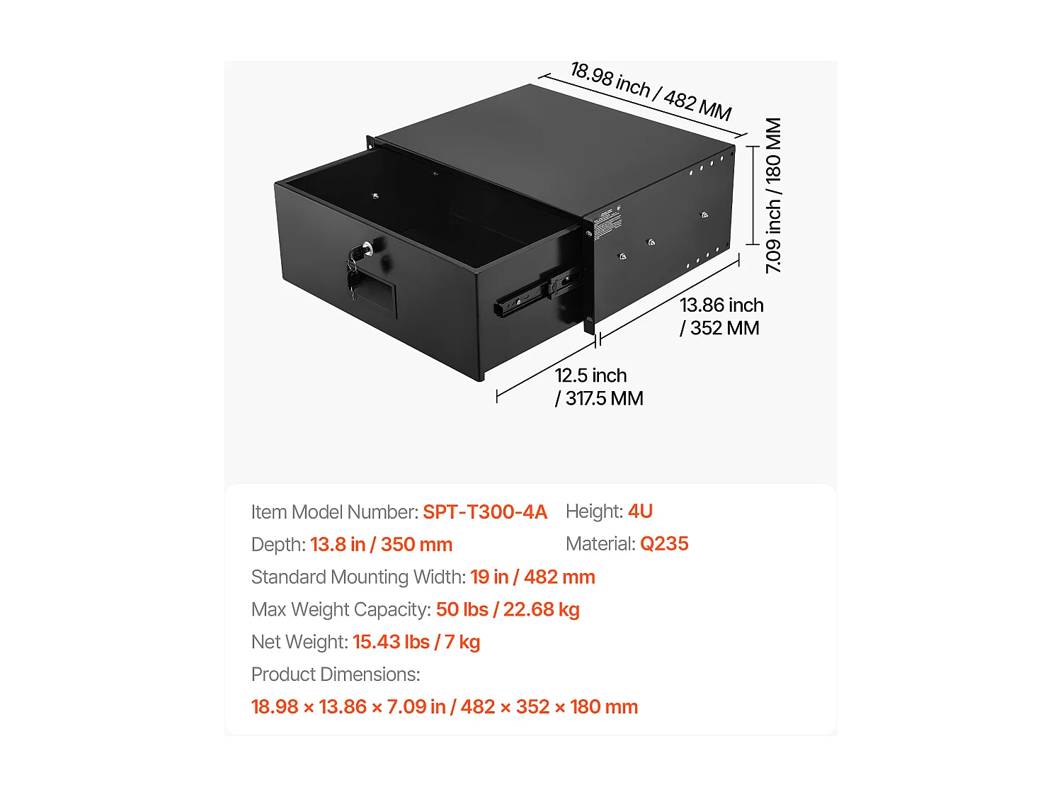 Lade Rack 4U SucceBuy, Lade Rackbaar Vergrendelbaar, Belasting 22,68 kg, Diepte 35cm, met Gaten voor Kabelbeheer, Montagebreedte 48.2 cm