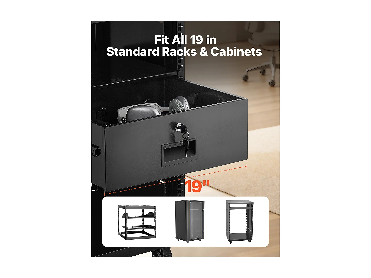 Lade Rack 4U SucceBuy, Lade Rackbaar Vergrendelbaar, Belasting 22,68 kg, Diepte 35cm, met Gaten voor Kabelbeheer, Montagebreedte 48.2 cm