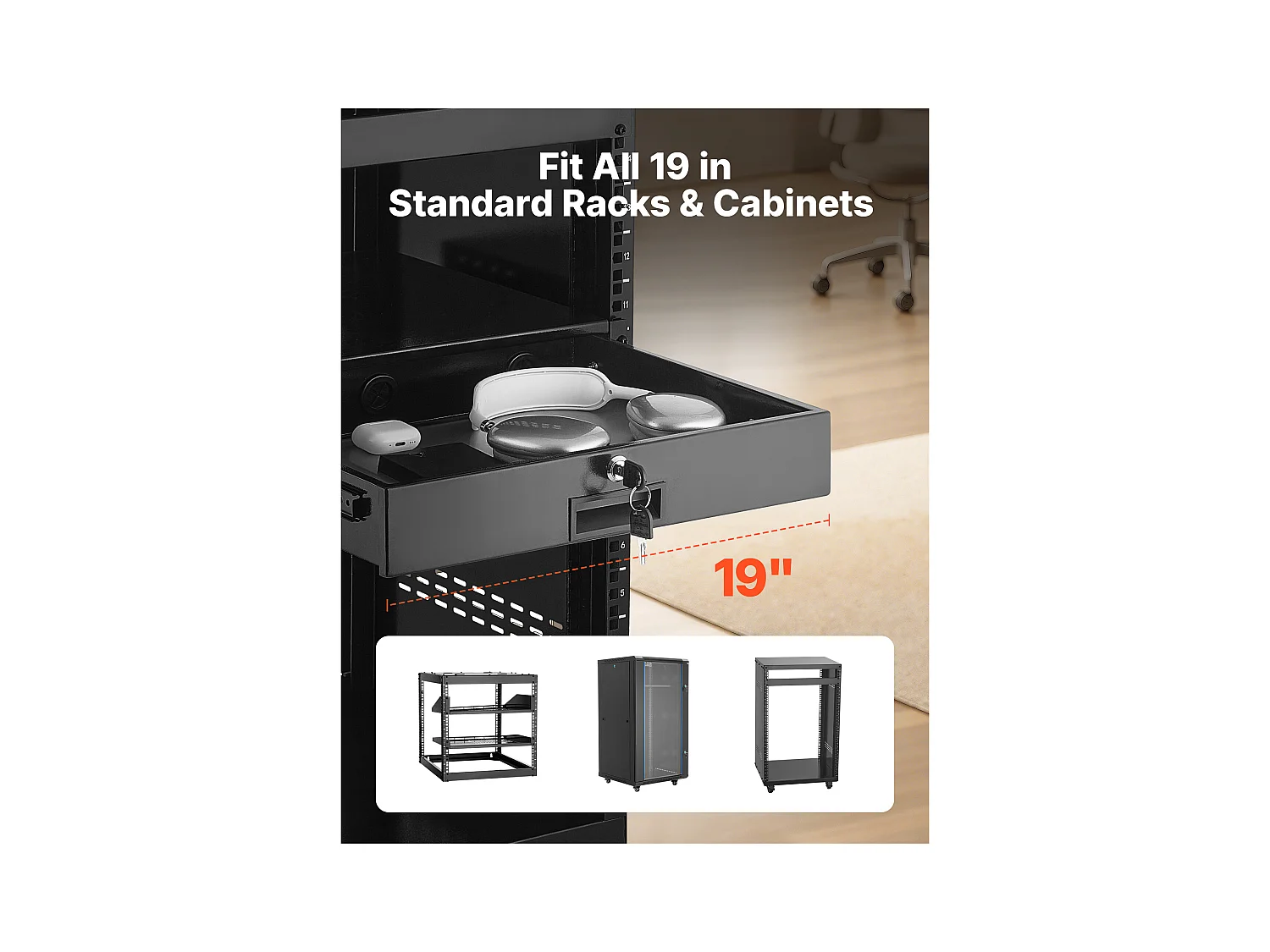 Tiroir Rack 2U SucceBuy, Tiroir Rackable Verrouillable, Charge 22,68 kg, Profondeur 35cm, avec Trous de Gestion Câble, Largeur de Montage 48.2 cm