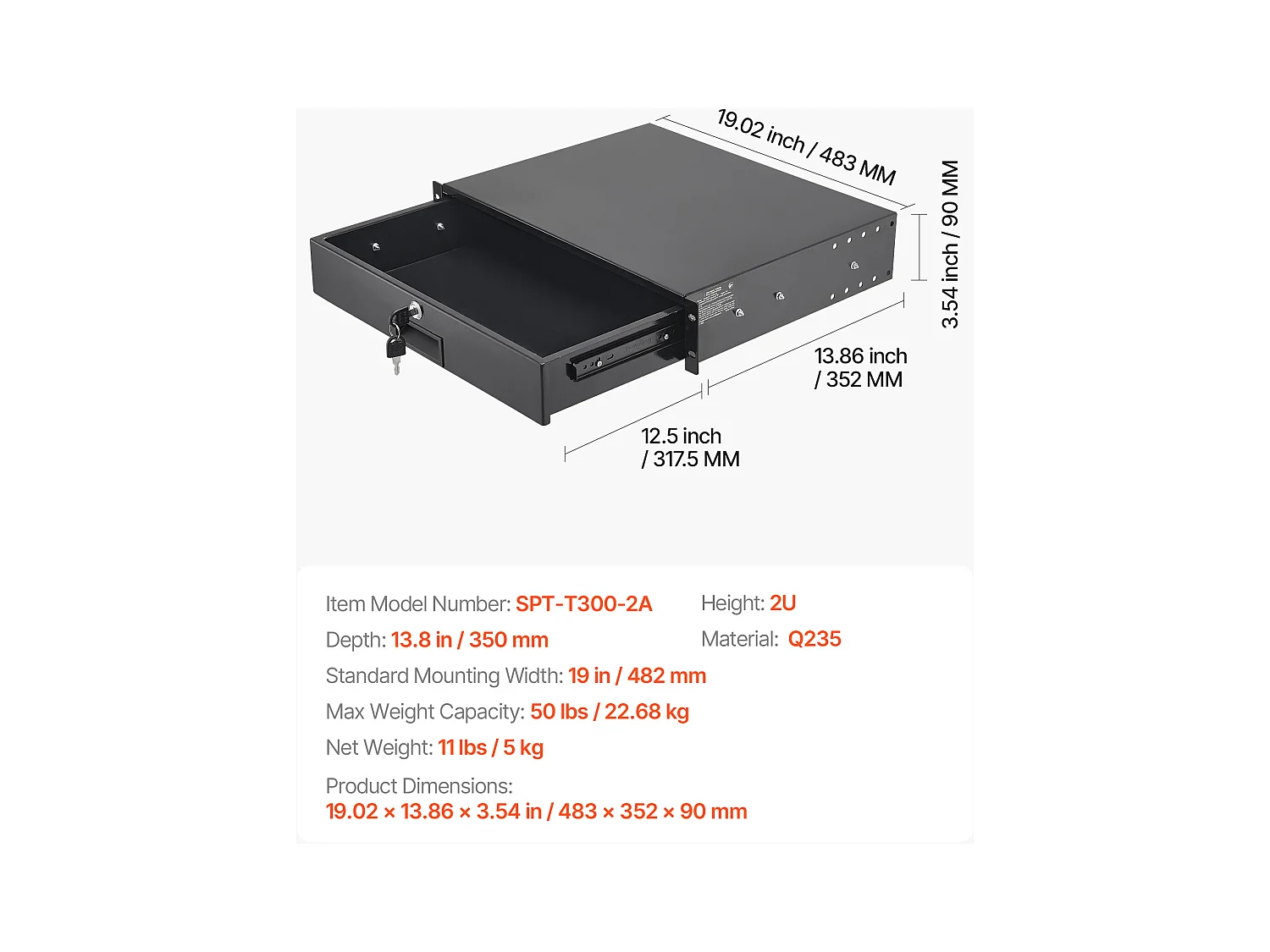 Tiroir Rack 2U SucceBuy, Tiroir Rackable Verrouillable, Charge 22,68 kg, Profondeur 35cm, avec Trous de Gestion Câble, Largeur de Montage 48.2 cm