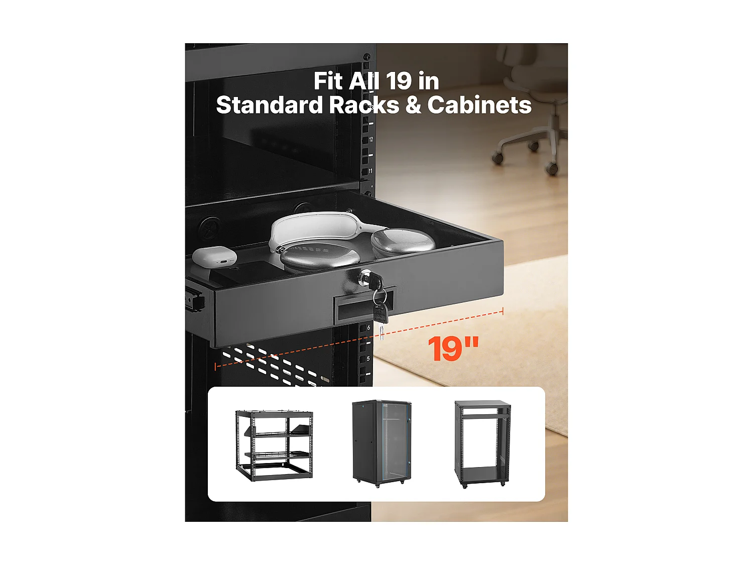 Tiroir Rack 2U SucceBuy, Tiroir Rackable Verrouillable, Charge 22,68 kg, Profondeur 35cm, avec Trous de Gestion Câble, Largeur de Montage 48.2 cm