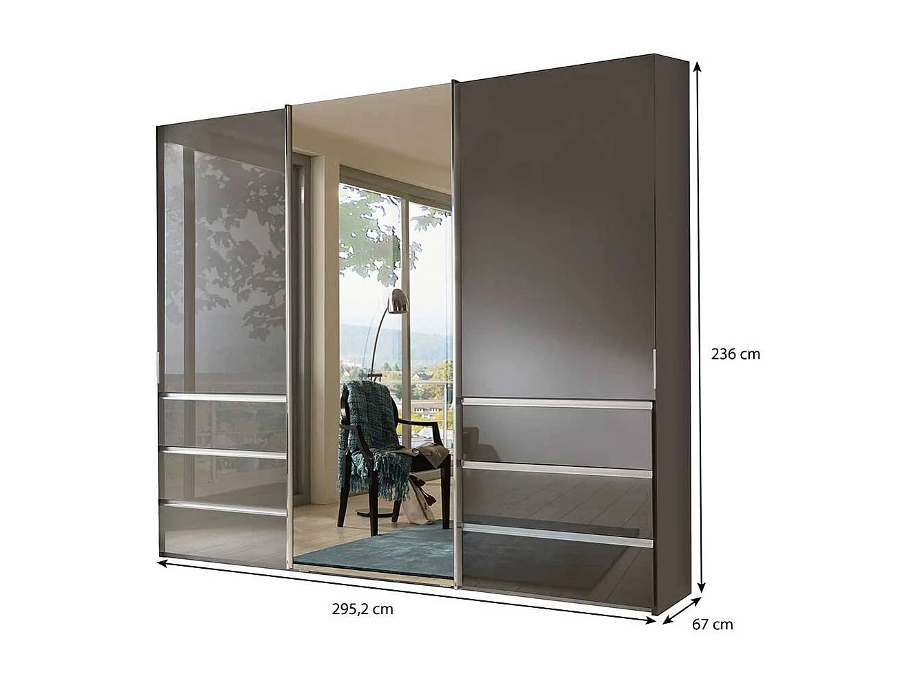 Kleiderschrank mit Schwebetüren in Braun Front glasbeschichtet