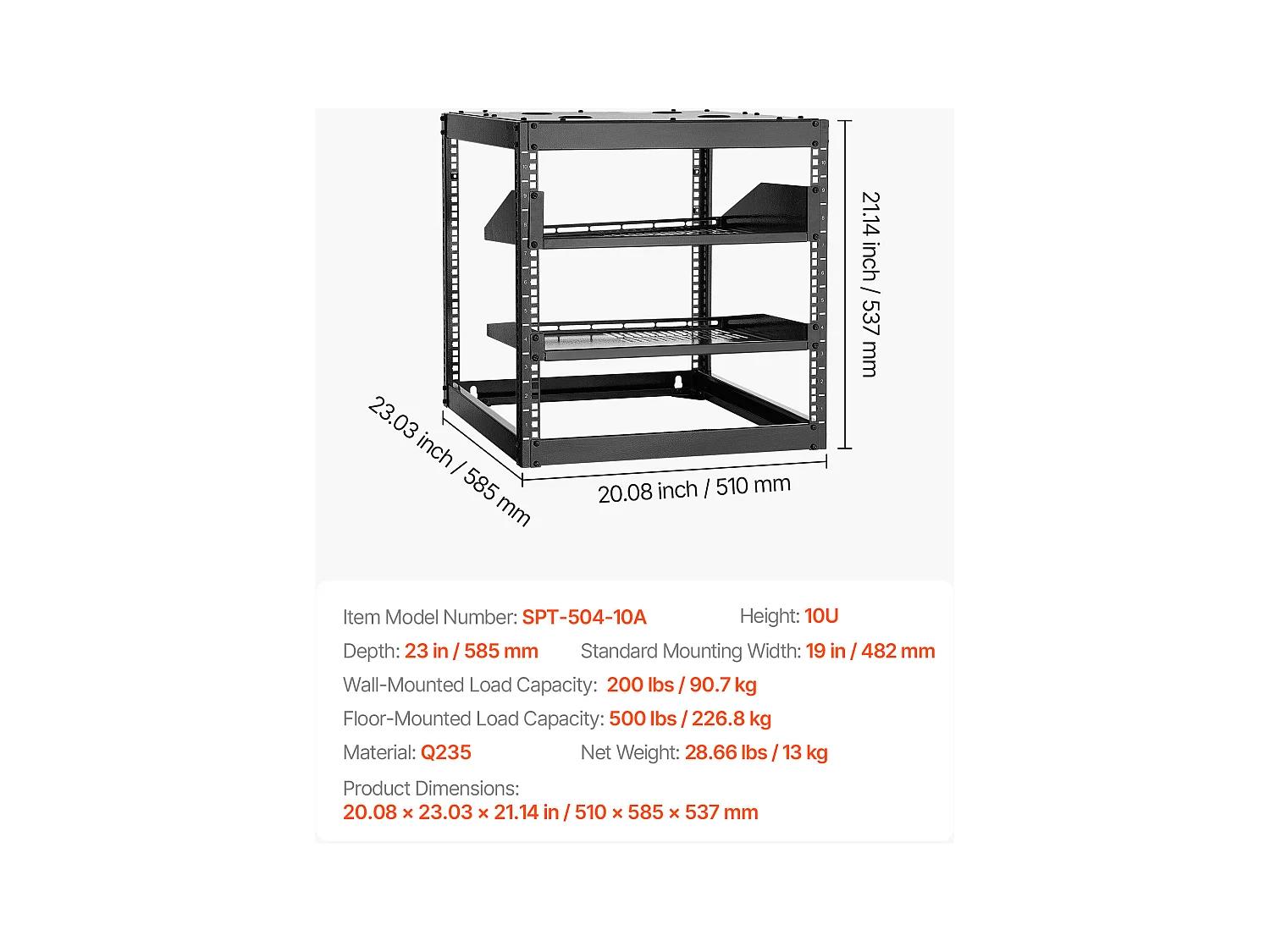 Rack de Serveur SucceBuy à Cadre Ouvert 10U Support de Réseau Autoportant ou Mural, Profondeur 58.5 cm, avec Étagères Ventilées, Matériel de Montage