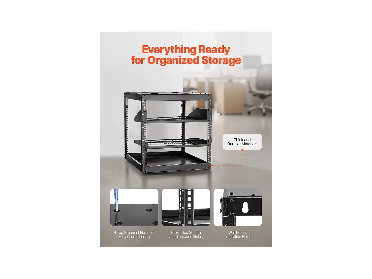 Rack de Serveur SucceBuy à Cadre Ouvert 10U Support de Réseau Autoportant ou Mural, Profondeur 58.5 cm, avec Étagères Ventilées, Matériel de Montage