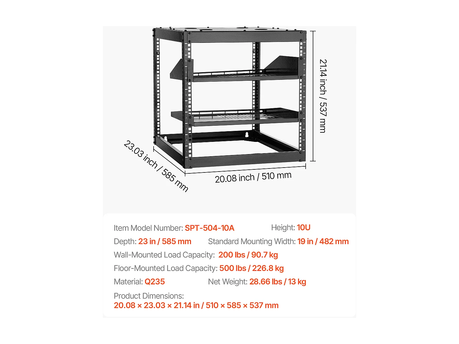 Rack de Serveur SucceBuy à Cadre Ouvert 10U Support de Réseau Autoportant ou Mural, Profondeur 58.5 cm, avec Étagères Ventilées, Matériel de Montage
