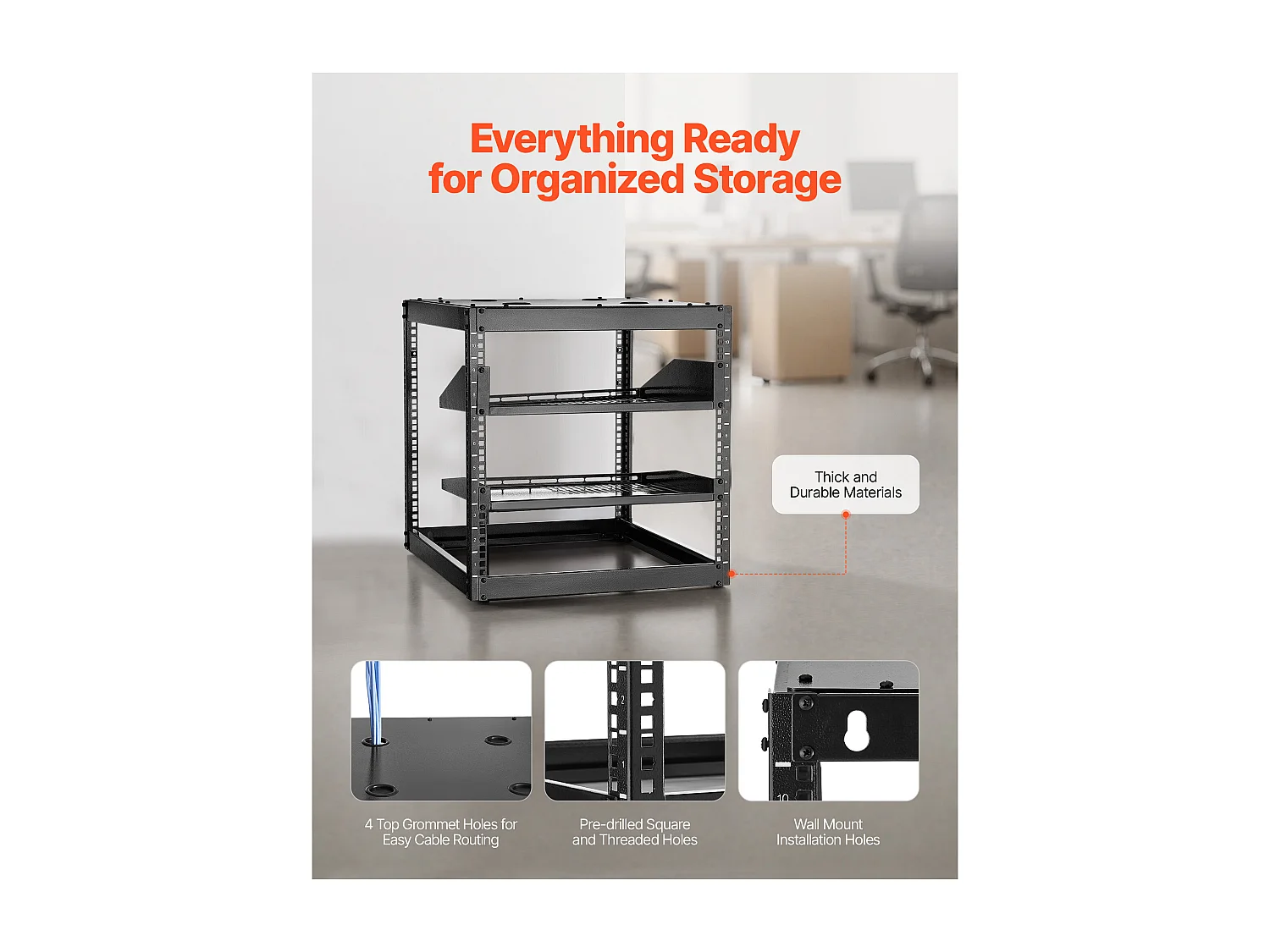 Rack de Serveur SucceBuy à Cadre Ouvert 10U Support de Réseau Autoportant ou Mural, Profondeur 58.5 cm, avec Étagères Ventilées, Matériel de Montage