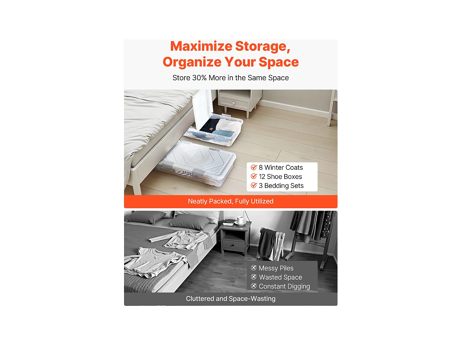 Sacs de Rangement SucceBuy sous Lit avec Roulettes, Organisateur de Chaussures sous le Lit 80,5x39,6x17,5 cm, Boîte de Rangement avec Couvercle