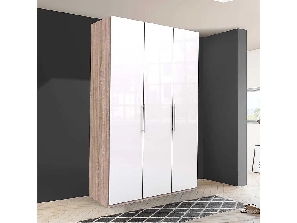 Zweifarbiger Kleiderschrank mit Türen Weiß und Eiche Sägerau