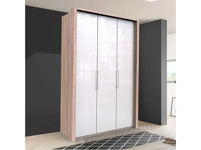 Zweifarbiger Kleiderschrank mit Türen Weiß und Eiche Sägerau