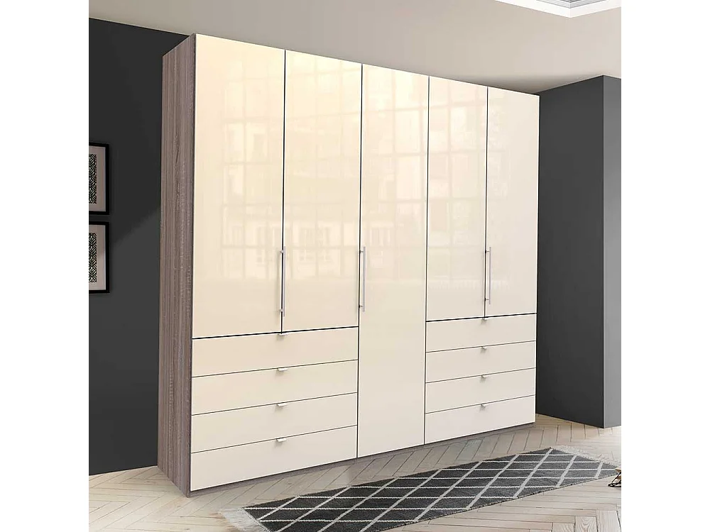 Großer Kleiderschrank glasbeschichtet 3 türig mit Schubladen