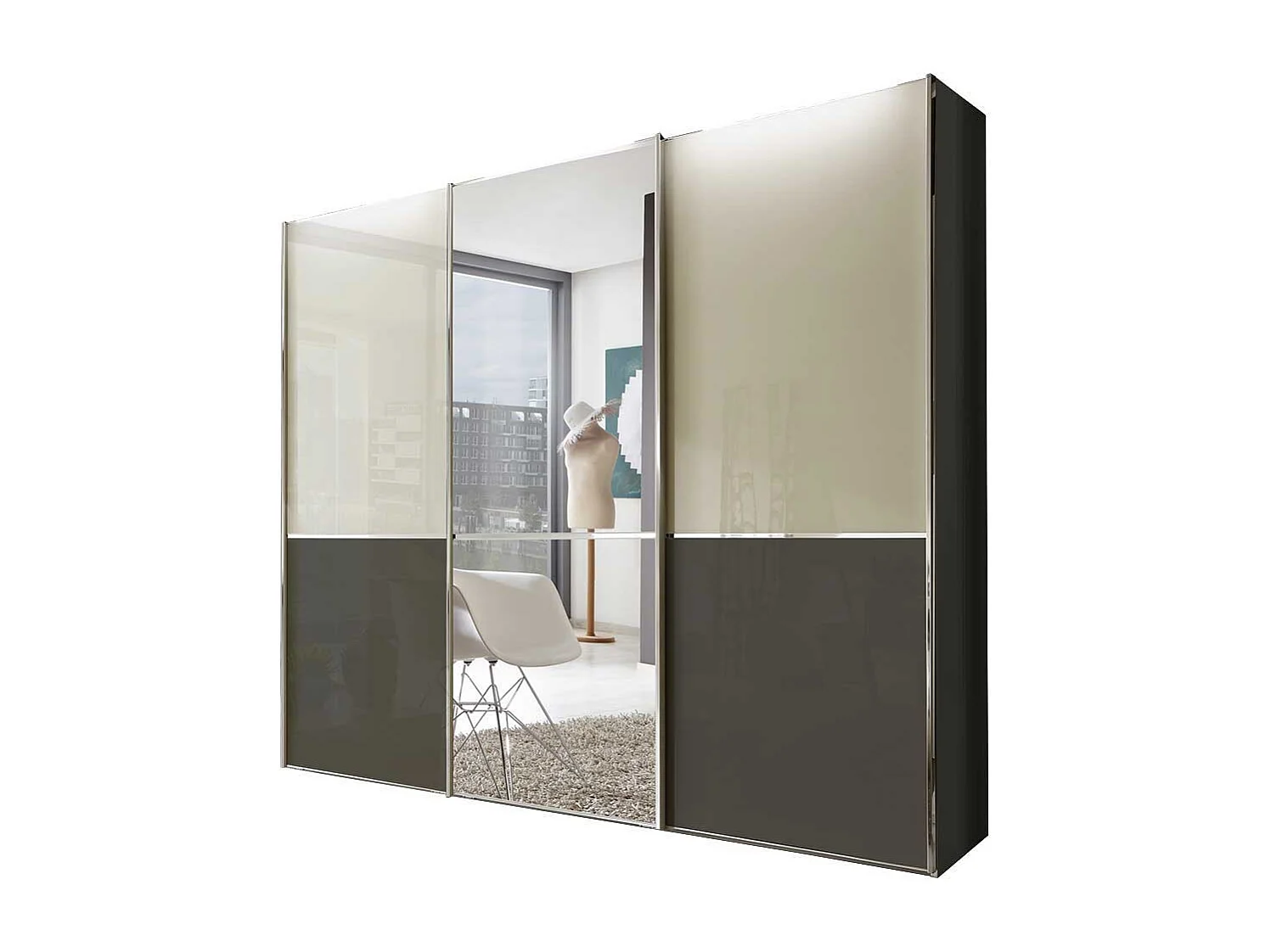 Schwebetüren Kleiderschrank in Creme Weiß und Braun 250 cm breit