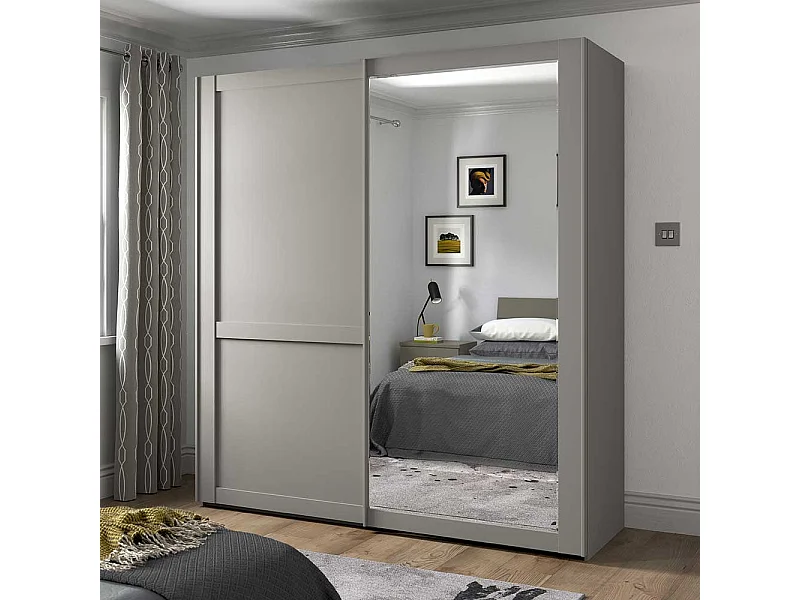 Schwebetürenschrank Spiegel rechts in Hellgrau modernen Landhausstil