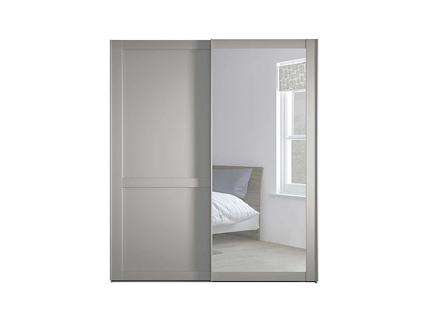 Schwebetürenschrank Spiegel rechts in Hellgrau modernen Landhausstil