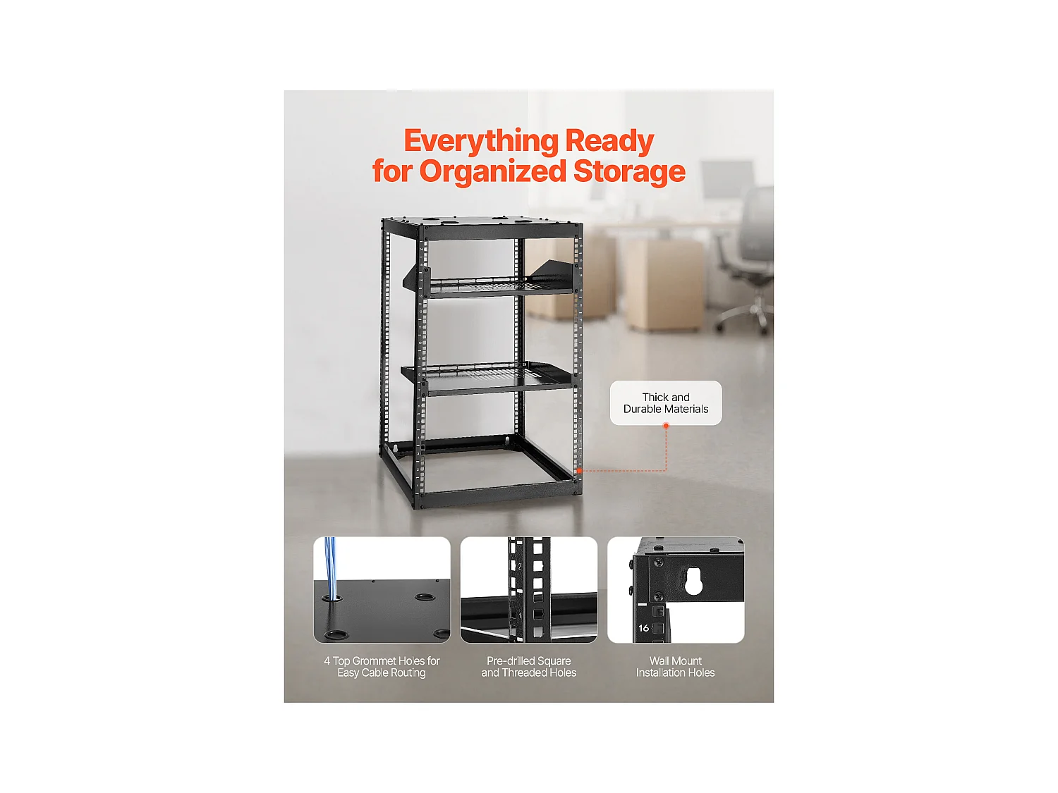 Rack für Server SucceBuy zu Offenem Rahmen 16U Support für Netzwerk Selbsttragend oder Wand, Tiefe 58.5 cm, mit Belüfteten Regalen, Montagematerial