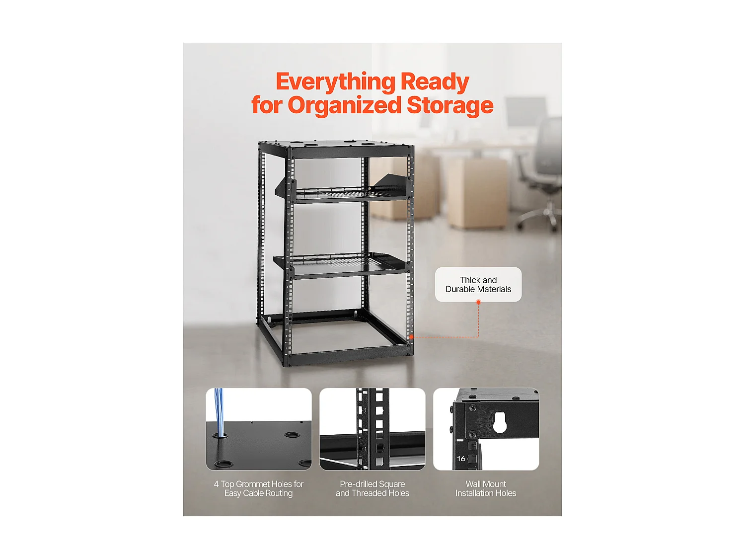 Rack de Serveur SucceBuy à Cadre Ouvert 16U Support de Réseau Autoportant ou Mural, Profondeur 58.5 cm, avec Étagères Ventilées, Matériel de Montage