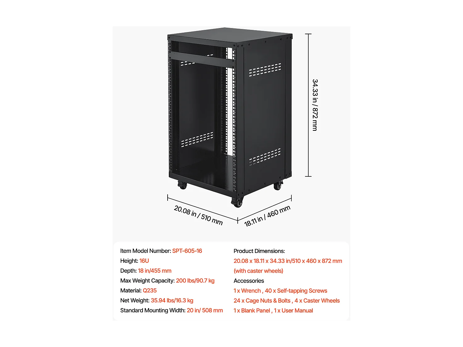 Rack SucceBuy AV 16U, Carga 90,7 kg, Rack de Studio de Grabación con Ruedas Bloqueables, Armario Servidor a Marco Abierto, Ventilación