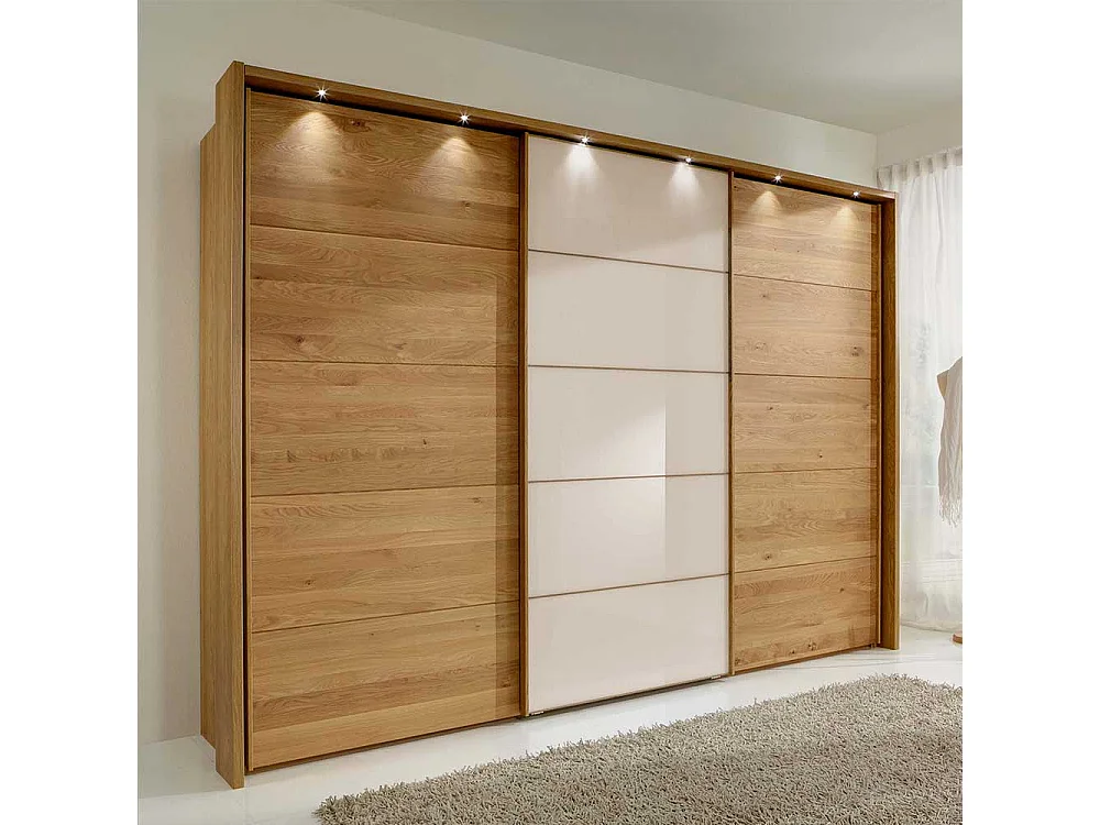Gleittürenschrank in Beige Glas Eiche Bianco