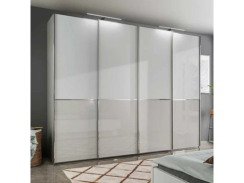 Schwebetürenkleiderschrank 4-türig Weiß und Hellgrau mit Glas beschichtet
