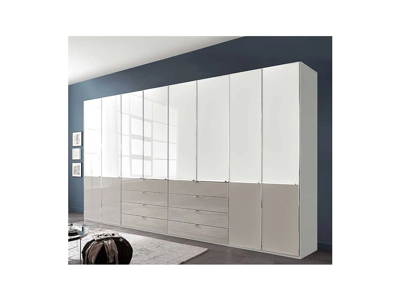 Drehtürenschrank Kleiderschrank mit acht Schubladen in Hellgrau & Weiß
