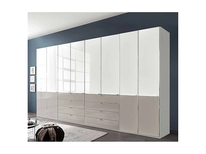 Drehtürenschrank Kleiderschrank mit acht Schubladen in Hellgrau & Weiß