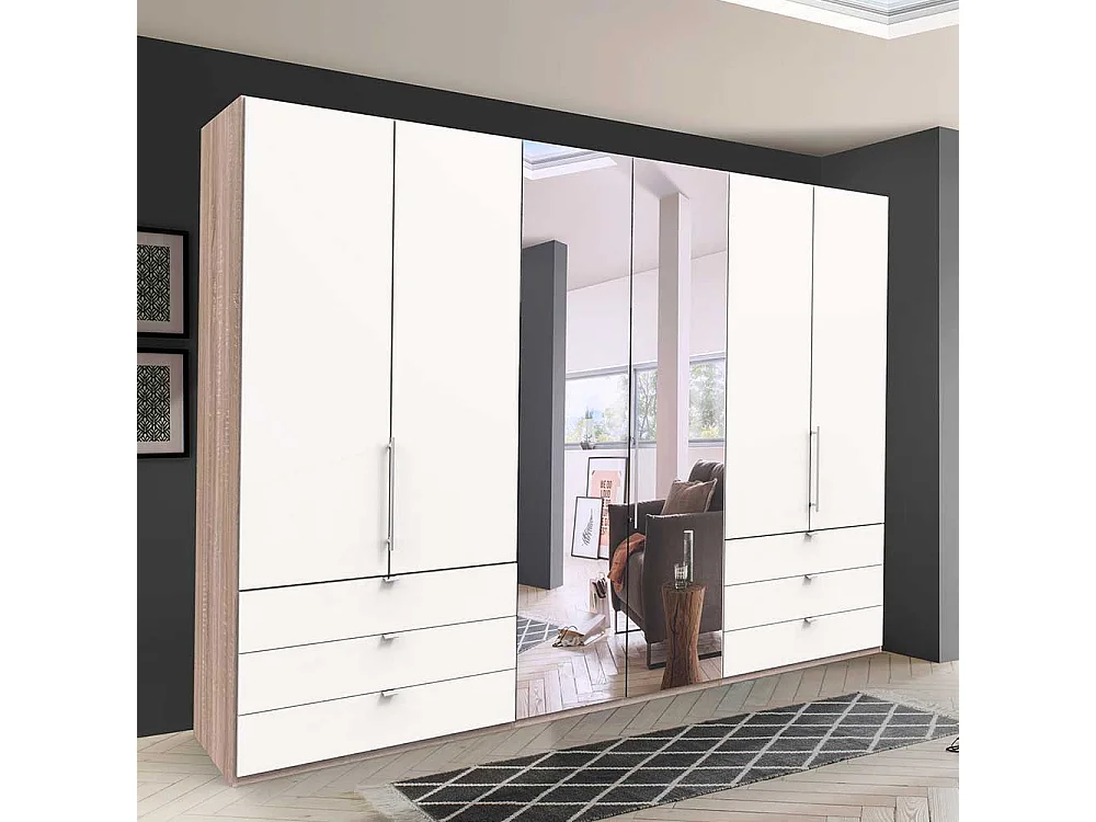 Schlafzimmerschrank mit Spiegel Falttüren und Schubladen glasbeschichtet