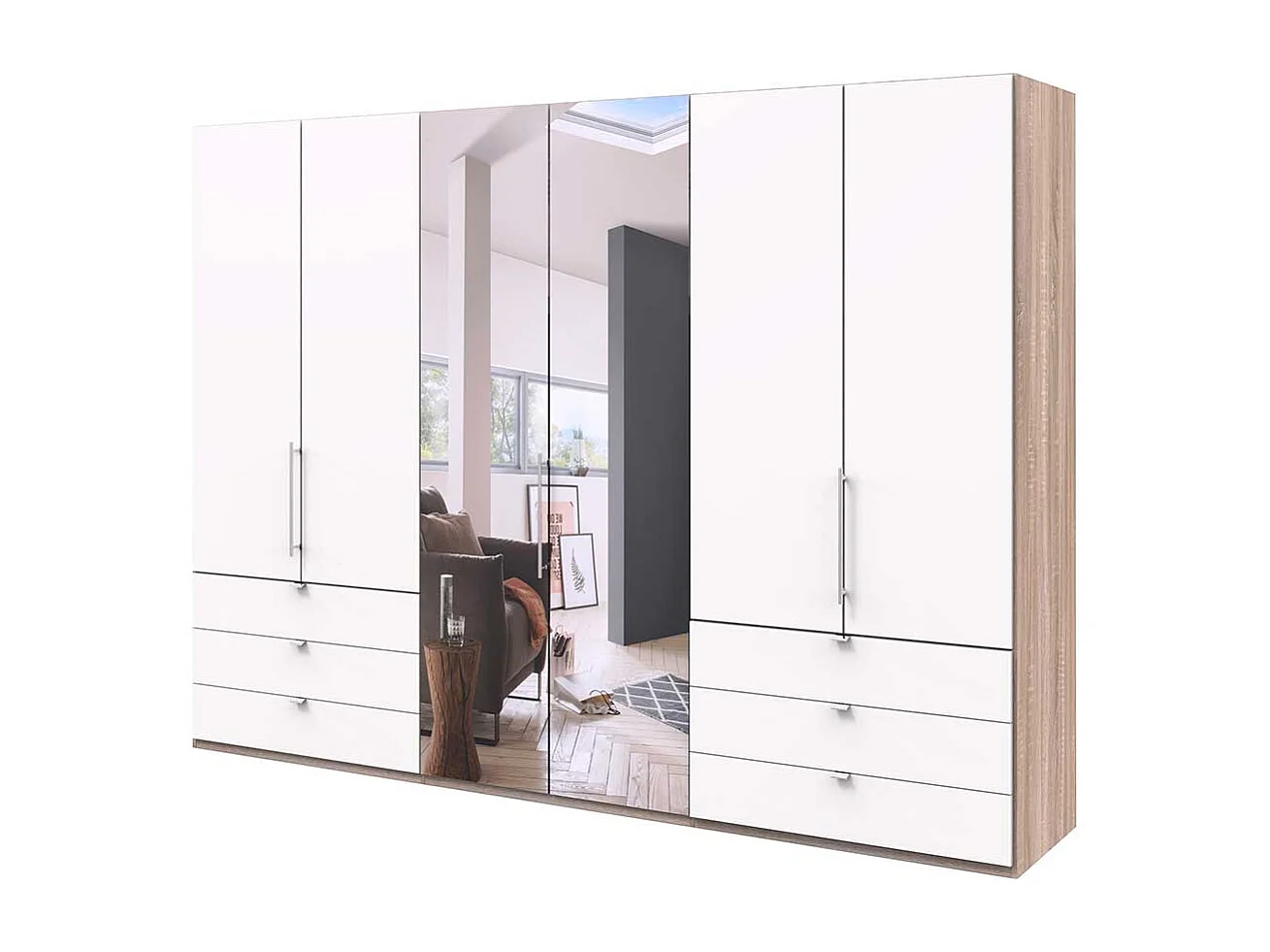 Schlafzimmerschrank mit Spiegel Falttüren und Schubladen glasbeschichtet