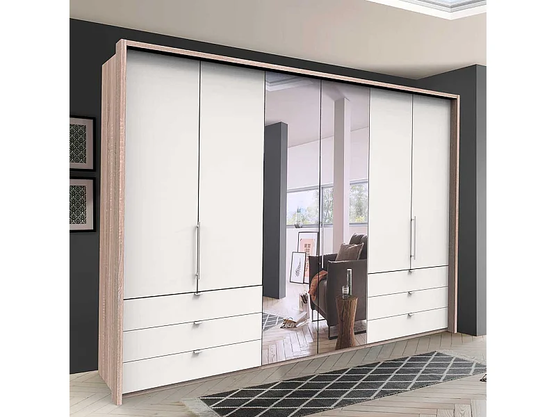 Schlafzimmerschrank mit Spiegel Falttüren und Schubladen glasbeschichtet